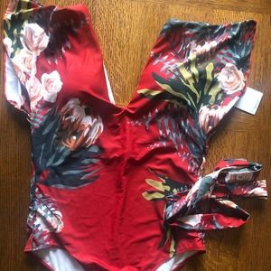 Red new with tags bathing suit floral print waist tie v-neck one piece XL